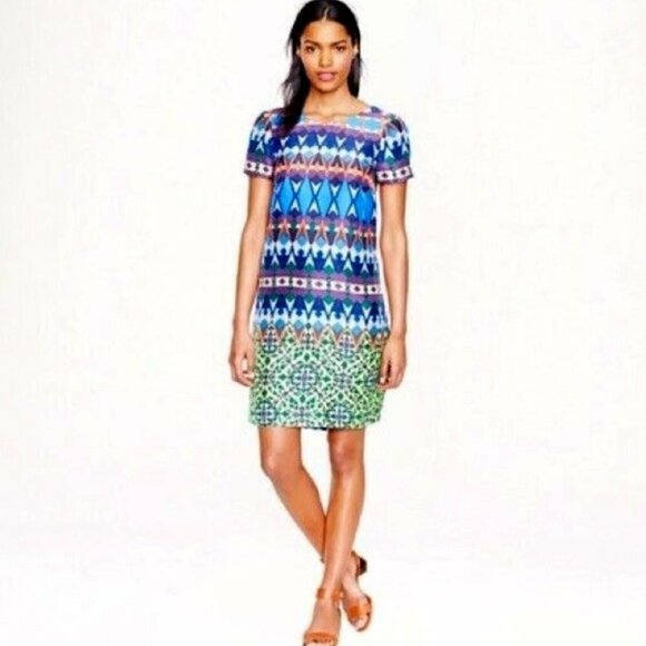 𝅺J. Crew Gemstone100% Silk Geometric Print Short Sleeve Mini Dress Size 00 - Picture 1 of 10